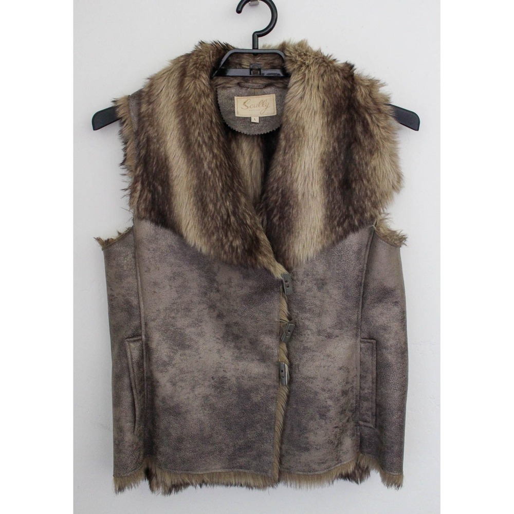 Scully Faux Fur Vest Womens Large Brown Faux Leather Western Toggle Close